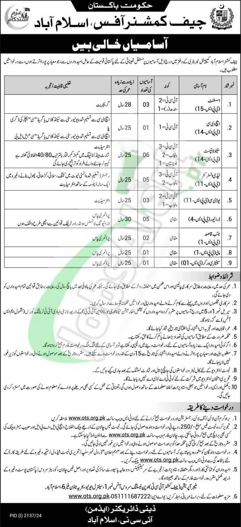 Chief Commissioner Islamabad Jobs 2024 Capital Territory Administration OTS Form