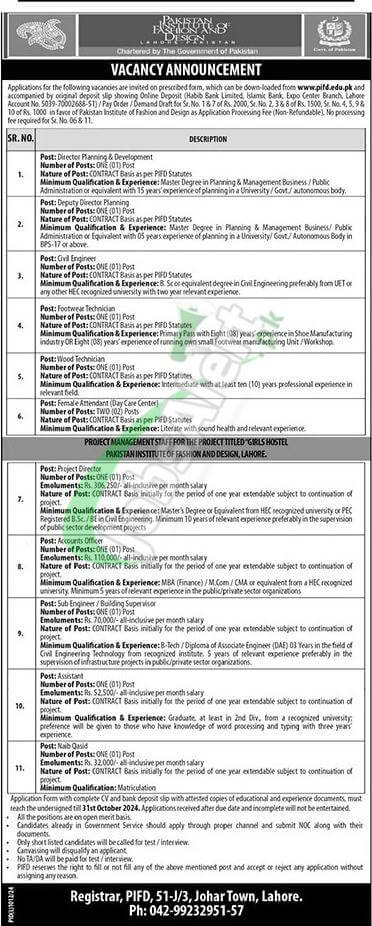 PIFD Lahore Jobs 2024 Online Application Form Download